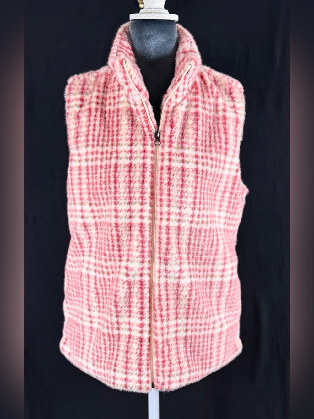Katydid Vest Pink Plaid Faux Fur Zip-Up Academic Preppy heritage Cap Cod